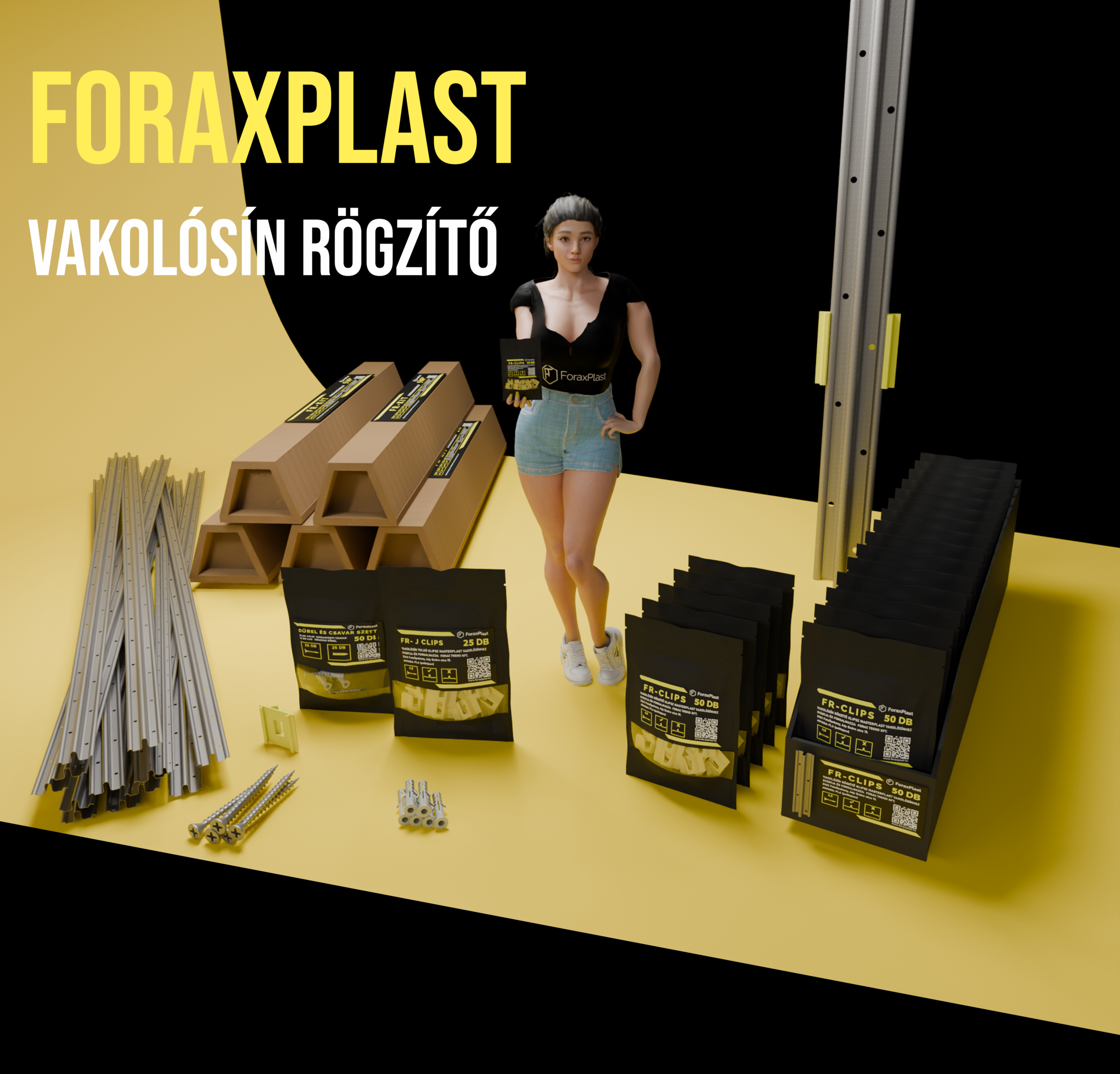 FORAXPLAST FR-KIT és FR-CLIPS vakolósín rögzítő rendszer sínnel, klipszekkel, csavarokkal és dübelekkel